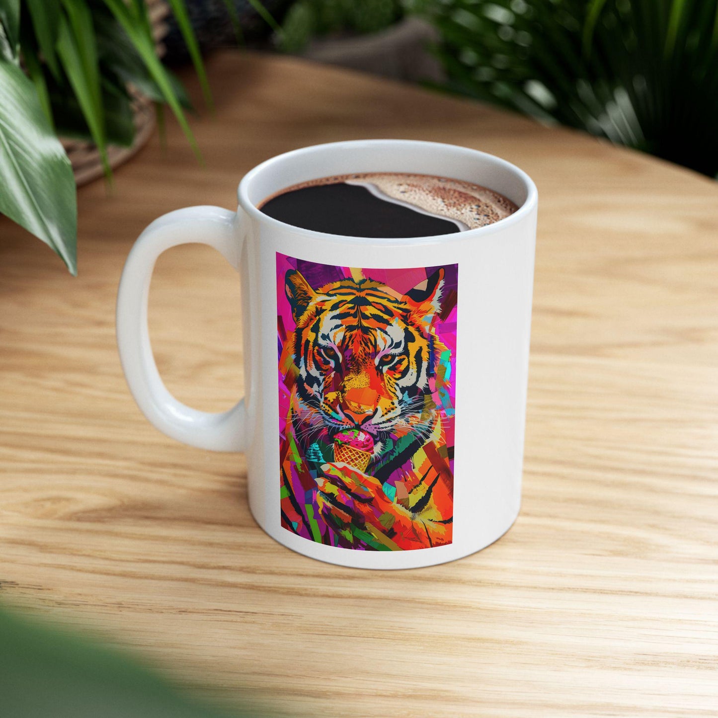 Riff Raff Wear Graphic Art Tiger Eating Ice Cream Ceramic Mug, (11oz, 15oz)